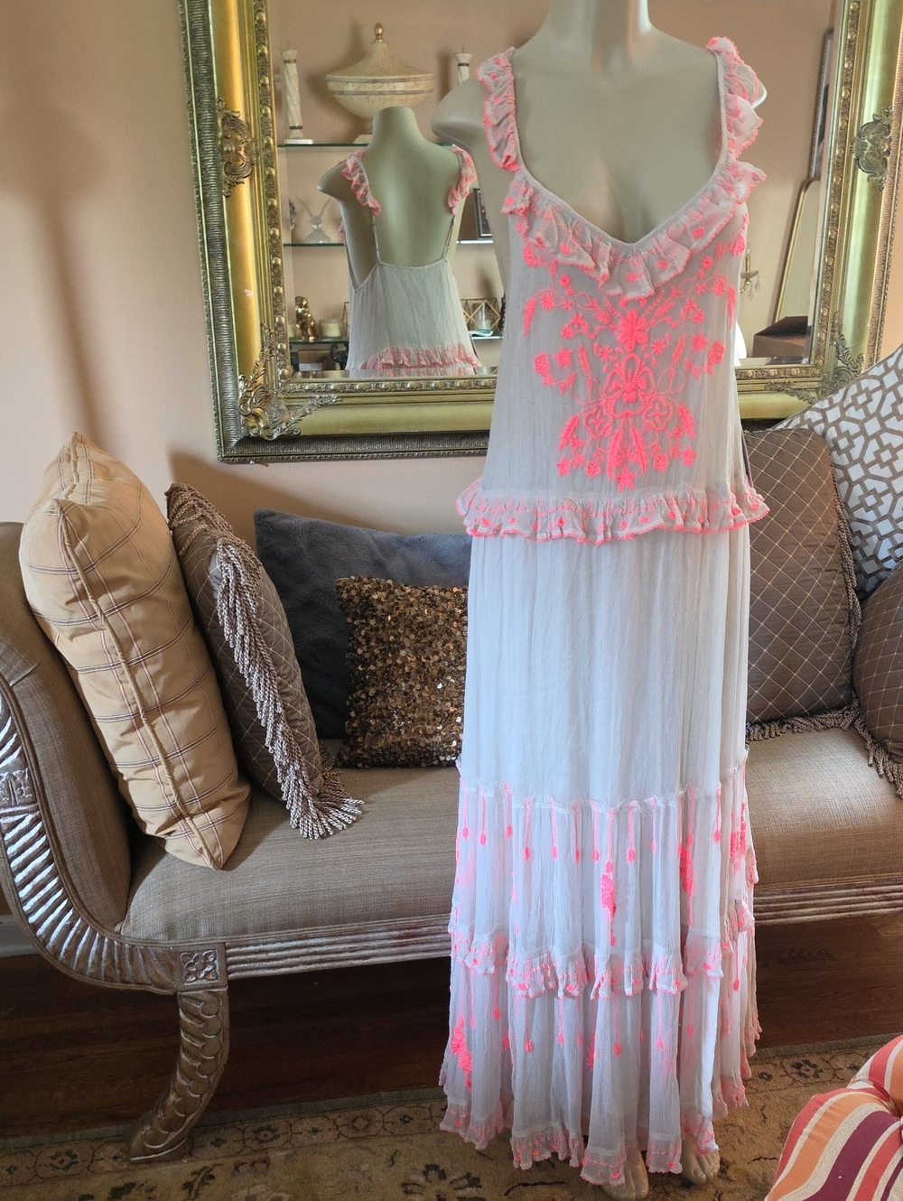 Free People White Maxi Dress with Neon Pink Embroidery